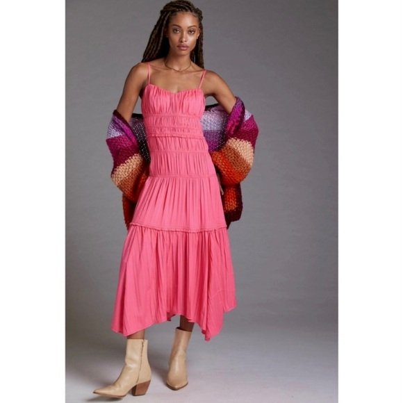 Anthropologie Ruched Tiered Midi Slip Dress Sz 16W Pink Sleeveless Asymmetrical - Picture 1 of 14